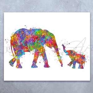 Baby Elephant and Mother Elephant Watercolor Art Print - Mother and Baby Portrait - Motherhood Prints - Nursery Wall Art - Nursery Decor