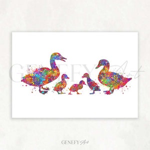 Duck Family of 5 Watercolour Art Print - Duck and Duckling Prints - Family Portrait - Family Prints
