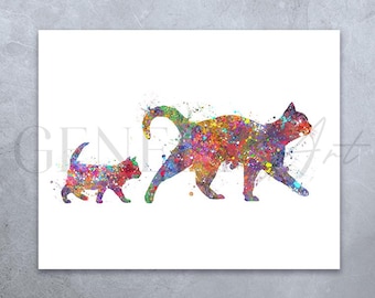 Mother Cat and Kitten Watercolor Art Print: Nursery Decor