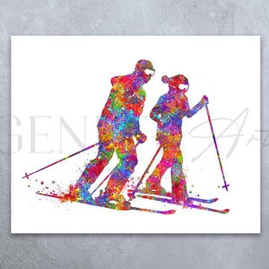 Skifahrer Paar Aquarell Druck - Skifahrer Drucke - Ski Paar Poster - Ski Aquarell Kunst - Wintersport Wandkunst - Geschenk für Paar
