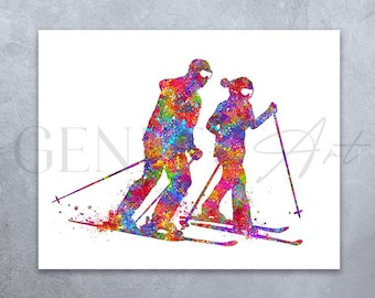 Ski fahrendes Paar Aquarell Print: Wintersport Kunst