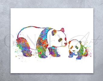 Impressão em aquarela de mãe e bebê panda: arte de parede colorida para berçário