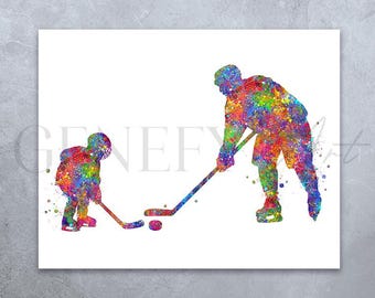 Impresión artística en acuarela de padre e hijo jugando al hockey sobre hielo