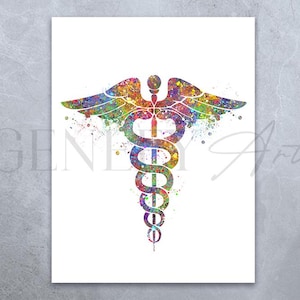 Caduceus Medical Symbol Watercolor Art Print  - Medical Watercolor Art - Caduceus Prints - Caduceus Art - Nurse Gift - Doctor Gift AS15