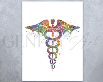 Watercolor Caduceus Art Print: Medical Symbol Gift