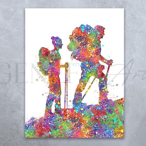 Impresión de acuarela de pareja de excursionistas - Póster de senderismo - Regalo de boda - Regalo de San Valentín - Decoración deportiva de senderismo