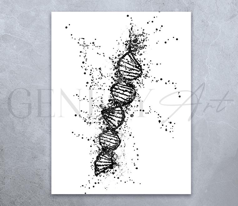 DNA Molecule Art Print: Black and White Watercolor Genetics Poster