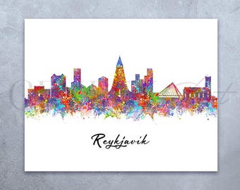 Reykjavik Skyline Aquarell Kunstdruck