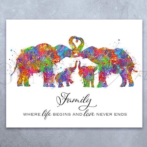 Elephant Family Quote Watercolor Art, Family Inspirational Quote, Motivational Quote, Gift for Family, Family Portrait, Family Gift Idea