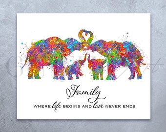 Elephant Family Watercolor Art Print: Inspirational Quote