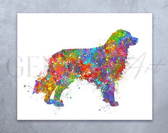 Può includere: Un dipinto ad acquerello di un cane, con schizzi di colore in tonalità di blu, verde, rosa, arancione e giallo. Il cane è rivolto a destra, con la testa leggermente girata a sinistra. Lo sfondo è bianco.