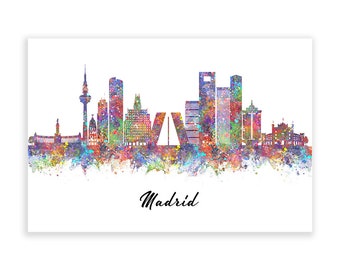 Madrid Skyline Aquarell Kunstdruck - Madrid Cityscape Print - Madrid Skyline Print - Madrid Skyline Wanddekoration - Geschenk zur Hauseinführung