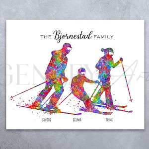 Personalisierte Ski fahrende 3-köpfige Familie Druck - Ski fahren Drucke - Ski paar Poster - Ski Aquarell Kunst - Wintersport Kunst