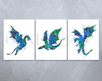 Dragon Watercolor Print Set: Fantasy Nursery Wall Art