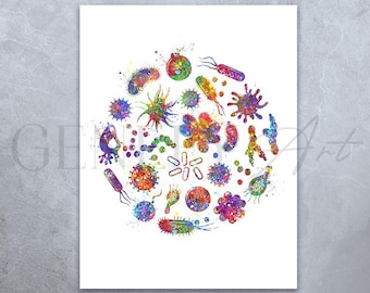 Bacteria Watercolor Art Print: Microbiology Bioscience Poster