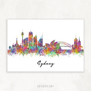Sydney Skyline Watercolor Art Print: Colorful Cityscape Wall Decor
