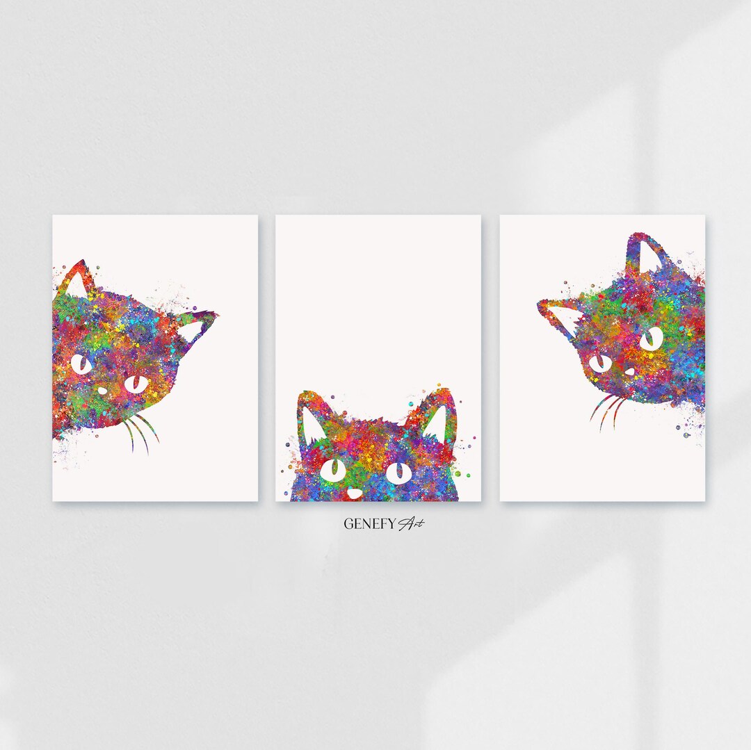 Cat Peeking Watercolor Print - Set of 3 Prints - Cat Poster - Cat ...