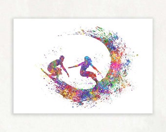 Surfer Couple Watercolour Art Print - Surfer Poster - Surfing Watercolour Print - Water Sports Print - Water Sports Poster - Wedding Gift