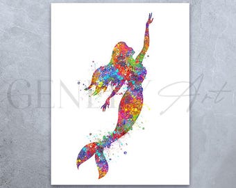 Mermaid Watercolor Art Print: Colorful Mermaid Poster
