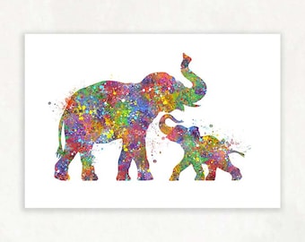 Mother and Baby Elephant Watercolour Art Print - Baby Elephant Nursery Prints - Nursery Wall Art - Nursery Wall Decor