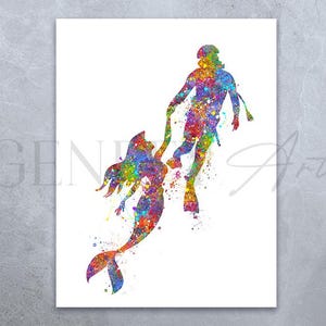 Scuba Diving Mermaid Couple Watercolor Print - Scuba Diving Poster - Underwater Sport Watercolor Art - Diver Wall Decor - Scuba Wall Decor