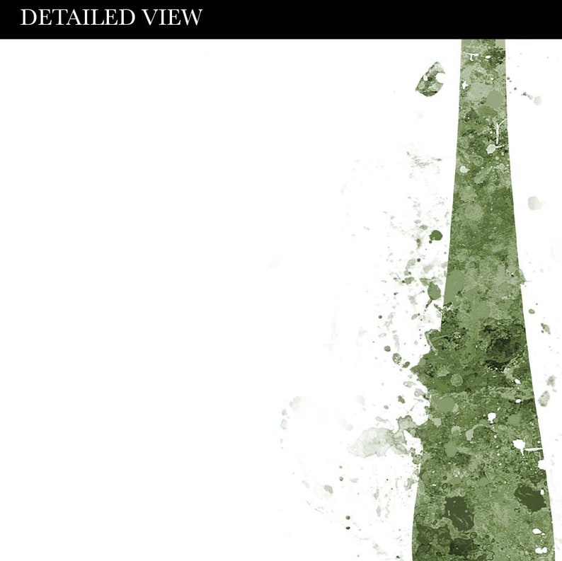May include: Abstract art print with a green vertical stripe and white splatters of paint on a white background. The title "DETAILED VIEW" is at the top of the image.