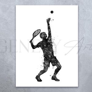 Tennis Player Art Print: Black and White Watercolor Poster