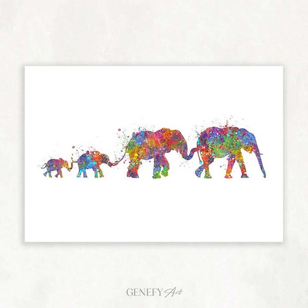 Elephant Family of 4 Watercolor Art Print - Elephant Family Watercolor Print - Family Prints - Family Artwork - Family Portrait