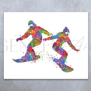 Snowboarding Couple Wall Art - Snowboarder Watercolor Print - Snowboard Watercolor Print - Winter Sports Watercolor Art - Gift for Couples