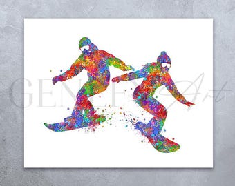 Snowboarding Couple Watercolor Art Print: Winter Sports