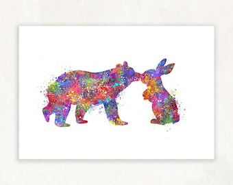 Bear and Bunny Couple Watercolour Art - Anniversary Gift Ideas - Wedding Gift Ideas - Housewarming Gift Ideas - Bear Bunny Couple Poster