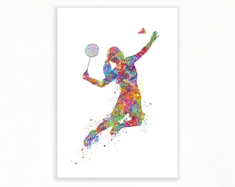 Badminton Watercolour Art Print - Female Badminton Sport Poster - Badminton Player Prints - Badminton Player Poster  Badminton Sports Poster