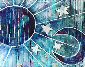 Original Painting, collage art, large painting, wall art, large canvas, contemporary art, You Are My Everything, the Sun, Moon, and Stars