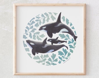 Orca Family Watercolor Art Print