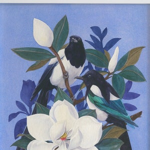 Magpies and Magnolias Watercolor Art Print, Based on Original Watercolor Painting, Nature-Inspired Gift for Bird and Flower Lovers