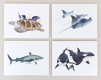 Ocean Animals Note Card Set of 4, Blank Inside
