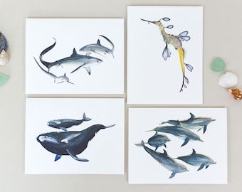 Ocean Animals Watercolor Set of 4 Blank Notecards