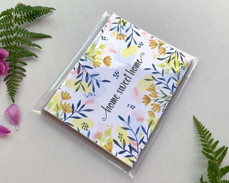 Set of 4 4.25 x 5.5 Single Card or Set of 10 Blank Illustrated Notecard Home Sweet Home Floral
