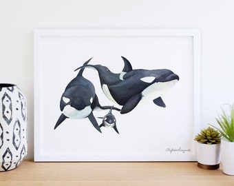 Orca Family Watercolor Print - Giclee Art Print - 5" x 7", 8" x 10", or 11" x 14" - Watercolor Painting