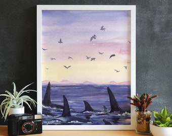 Orca Pod Sunset Watercolor Print - Giclee Art Print - 5" x 7" or 8" x 10" - Watercolor Print - Coastal Home Decoration
