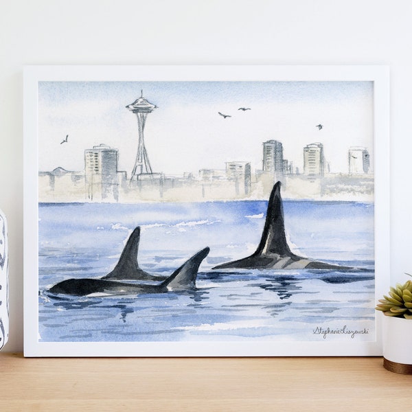 Orcas in Seattle Watercolor Print - Giclee Art Print - 5" x 7" or 8" x 10" - Watercolor and Pencil Painting