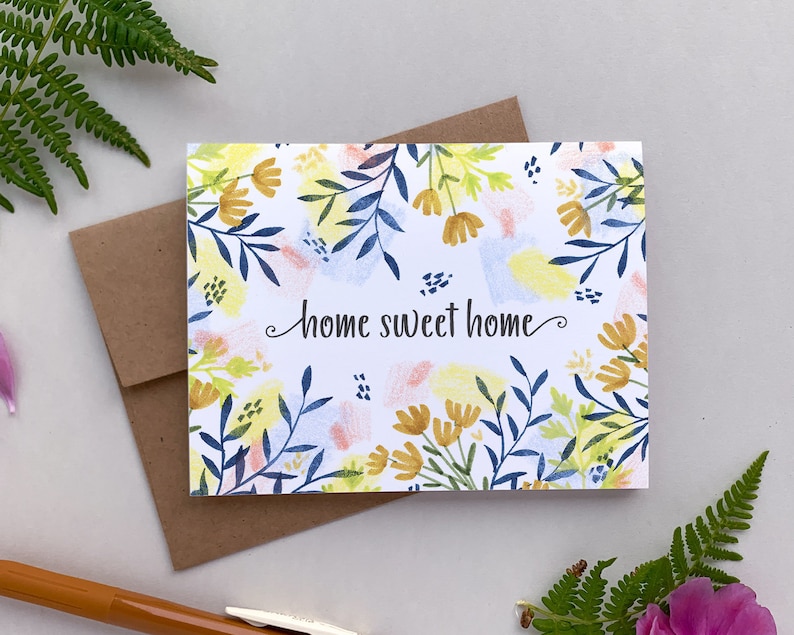 Set of 4 4.25 x 5.5 Single Card or Set of 10 Blank Illustrated Notecard Home Sweet Home Floral