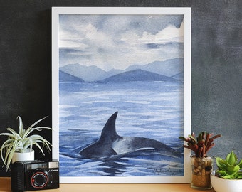 Orca Whale Watercolor Print - Giclee Art Print - 5" x 7" or 8" x 10" - Watercolor Painting - "Orca Wave"