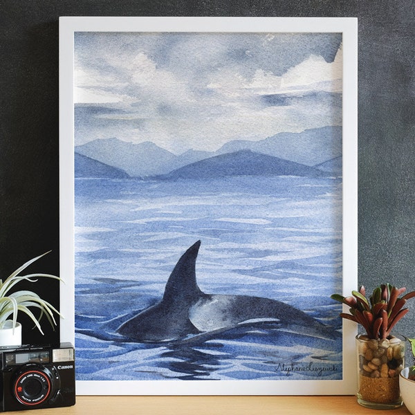 Orca Whale Watercolor Print - Giclee Art Print - 5" x 7" or 8" x 10" - Watercolor Painting - "Orca Wave"