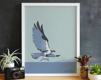 Osprey with Fish Illustration Art Print - 5" x 7", 8" x 10", 11" x 14", or 8" x 8" - Digital Illustration