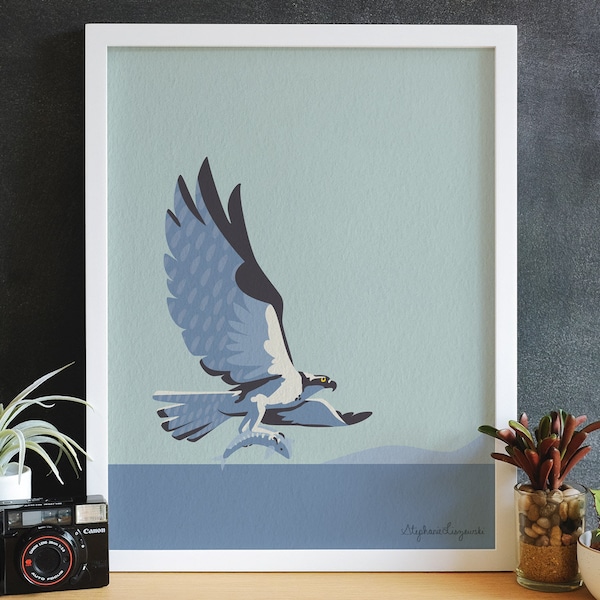 Osprey with Fish Illustration Art Print - 5" x 7", 8" x 10", 11" x 14", or 8" x 8" - Digital Illustration