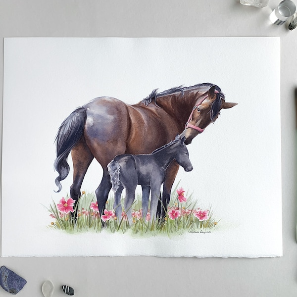 Mare and Foal Original Watercolor Painting - 11" x 14", Mom and Baby Horse Original Artwork, one of a kind