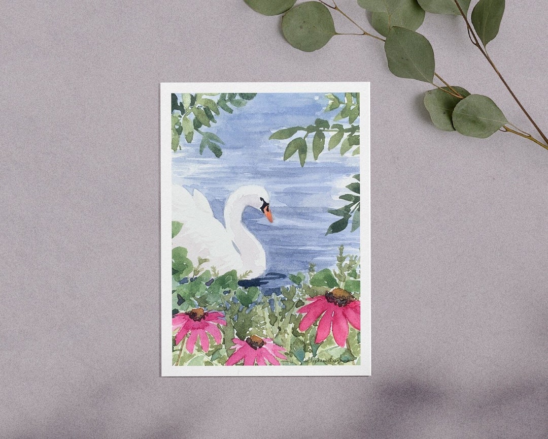 Swan Watercolor Print, Small Art Print of a Swan and Pink Coneflowers ...