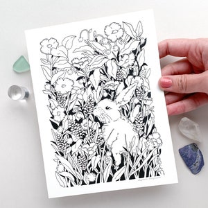 Rabbit and Flowers Ink Original Illustration