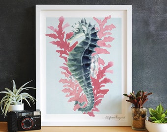 Blue Seahorse Art Print, Ocean Inspired Watercolor, Pink Coral Reef, Gift for Nature Lover